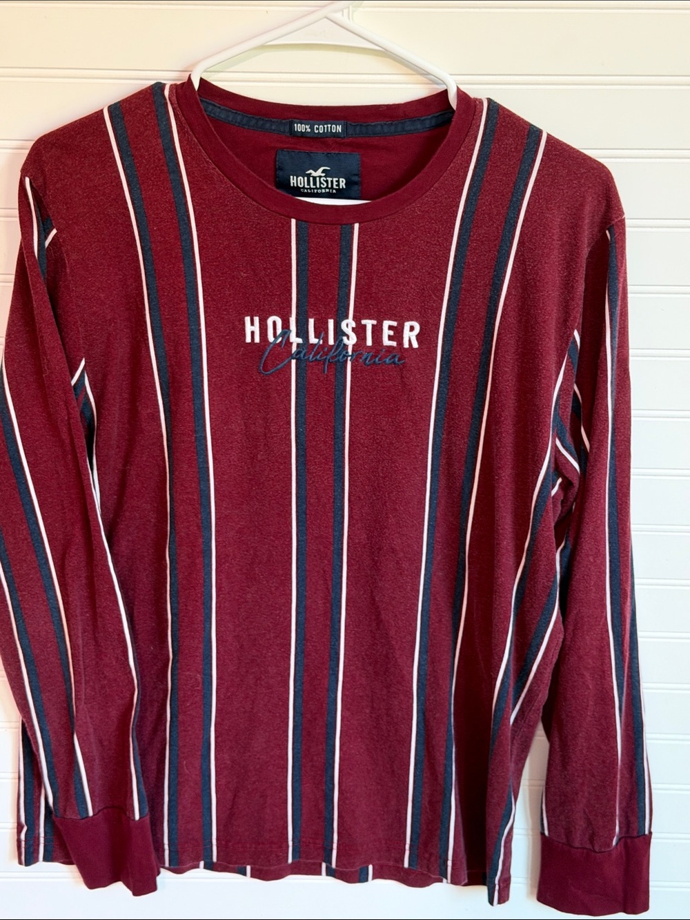 Hollister Burgundy Long-Sleeve Crew with Navy & White Stripes